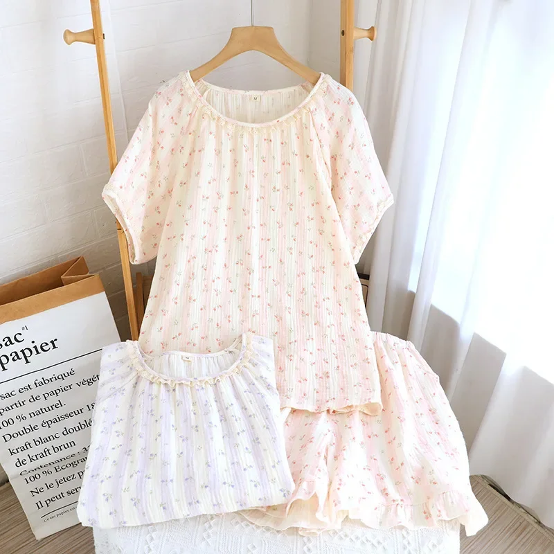 

Home Clothes Cotton Double Layer Gauze Thin Floral Printed Short Sleeved Shorts Summer Cute and Sweet Women Pajama Set