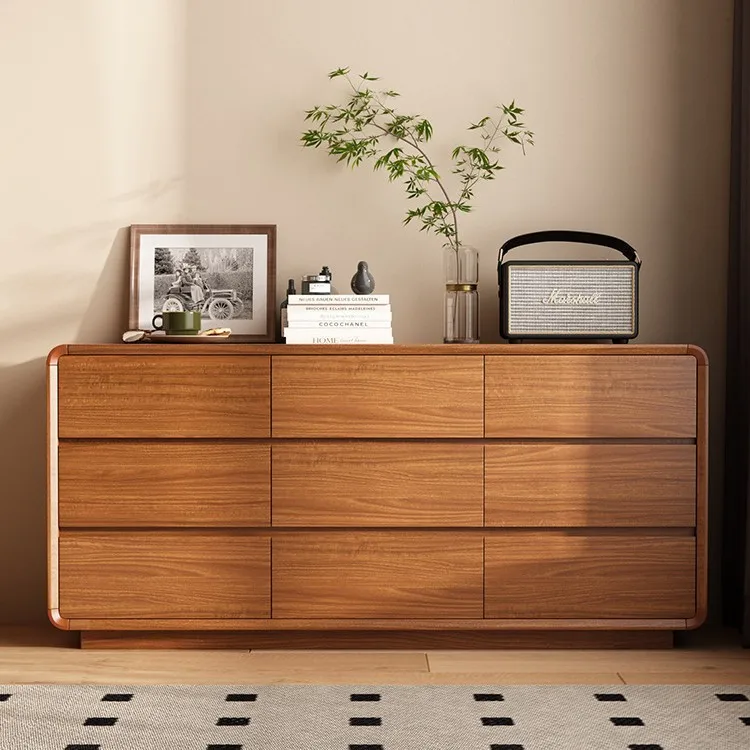 Solid wood storage cabinet, bedroom against the wall, living room chest, walnut-colored standing cabinet, drawer