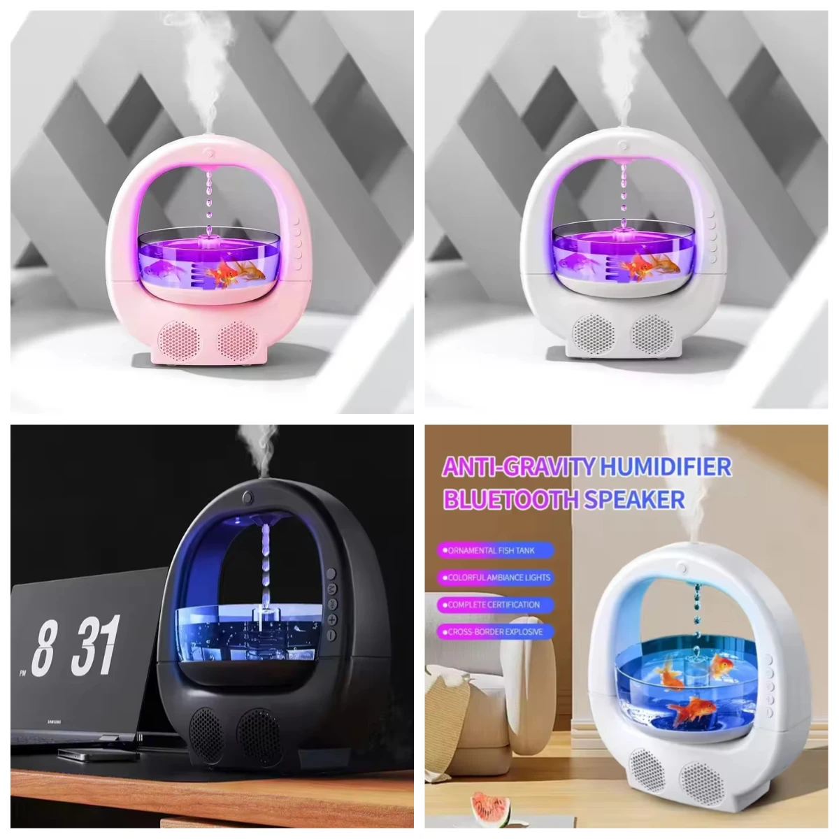 700ml Water Drop Backflow Fishbowl Antigravity Humidifier Bluetooth Speaker Night Light Aroma Diffuser