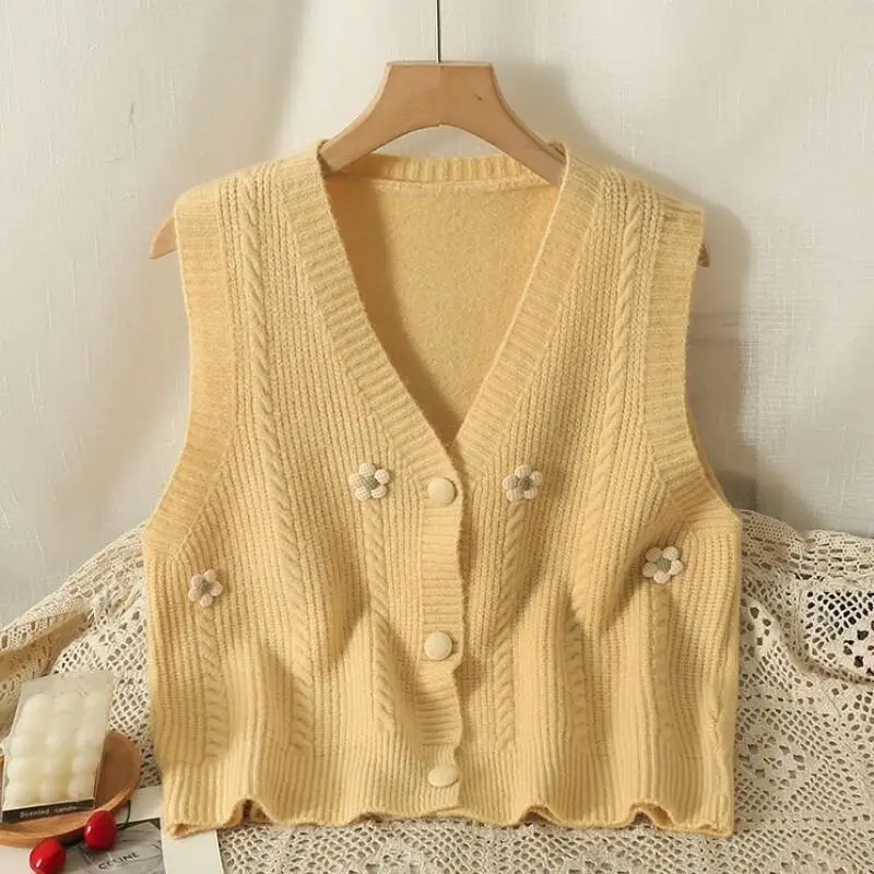 Colete de malha de flor coreana para moda feminina outono e inverno, suéter curto em camadas, colete cardigã versátil doce e fresco