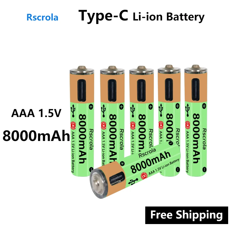 Batería de iones de litio AAA de gran capacidad, puerto tipo C, batería recargable AAA de larga duración, carga rápida de 1H, duración de la batería de más de 1200 ciclos