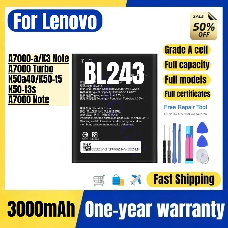 

BL243 for Lenovo A7000-a/K3 Note/A7000 Turbo/K50a40/K50-t5/K50-t3s/A7000 Note Phone Battery Replacement Bateria Grade A Cell