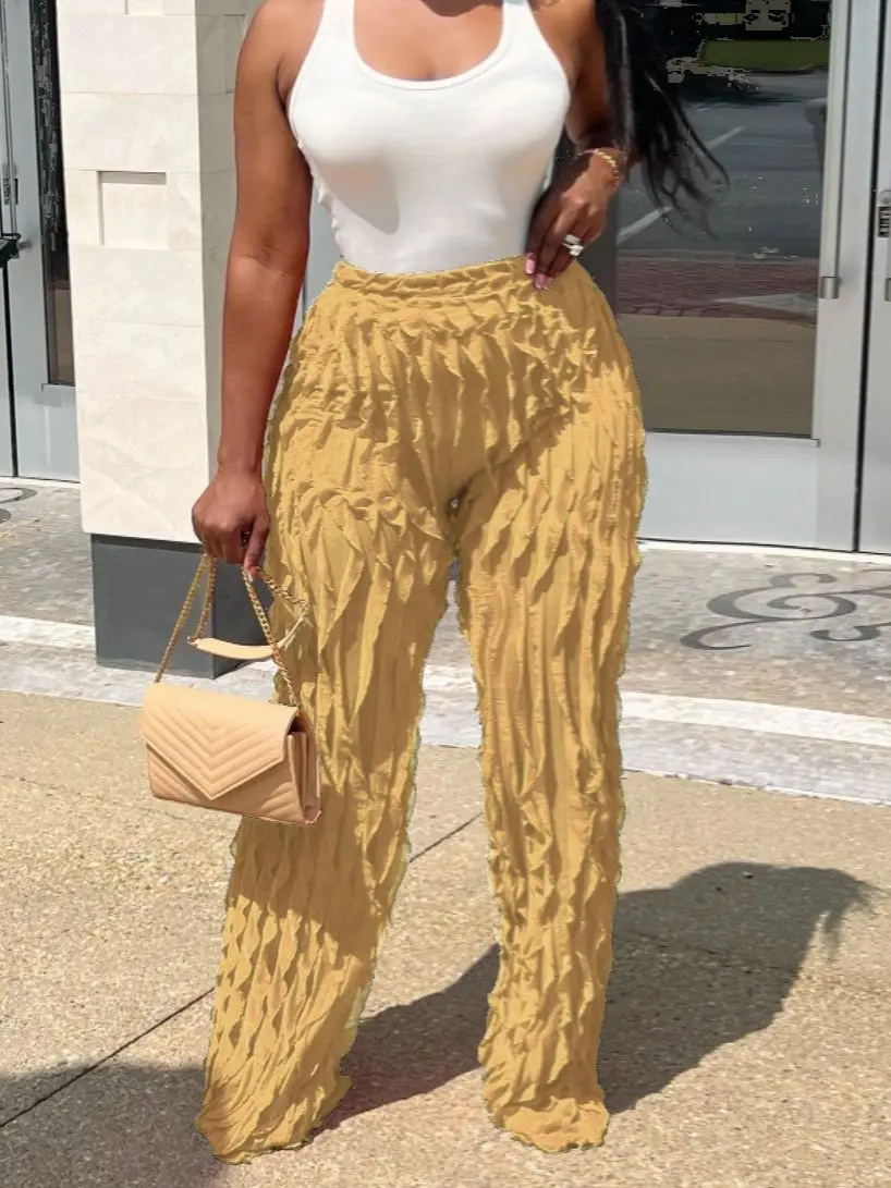 QFAF Women Wave Ruffles Splicing Wide Leg Pants 2023 Fashion Autumn streetwear see though Trousers