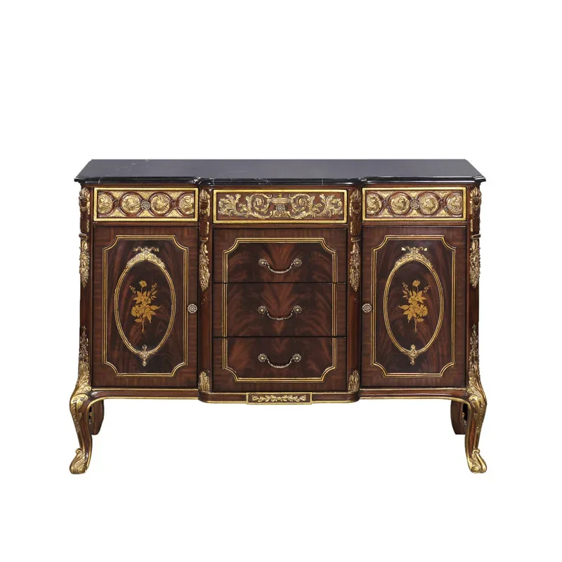 

English Alexander solid wood carving flower side cabinet, neoclassical gold painting platform