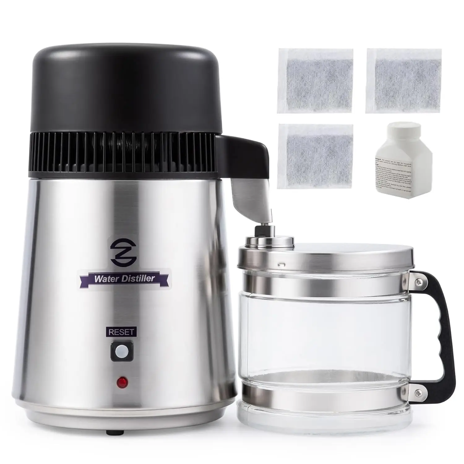 

4L Brushed Stainless Steel Countertop Distiller Machine, Home Distilled Water Maker with Glass Pot, Purifier to Make Clean Water