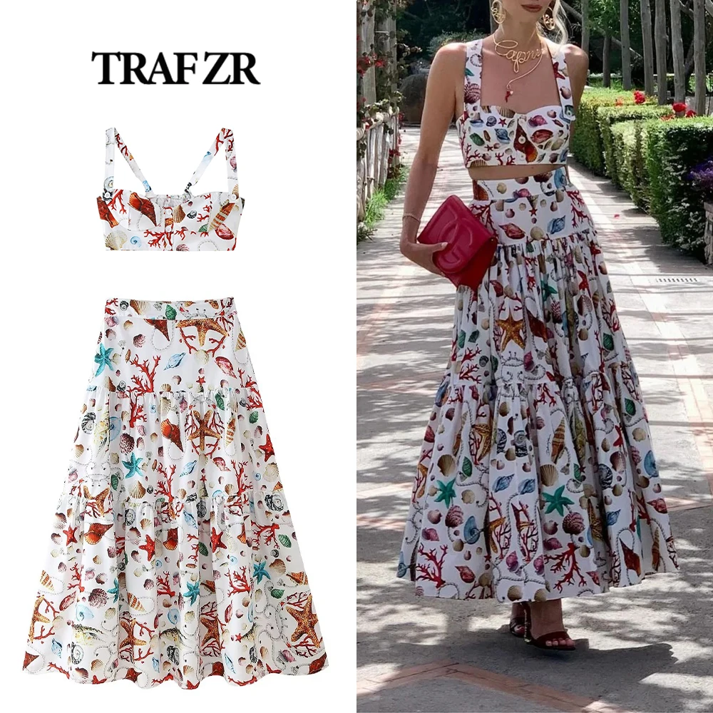 TRAF ZR Y2k Fashion Mixi Skirt Sets Flowy Layered Women\'s Suit 2 Piece Sexy Dress Sets Crop Top with Straps + Long A-line Skirt