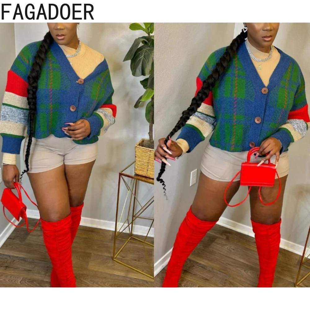 

FAGADOER Spring New Plaid Print Loose Sweater Cardigan Women V Neck Button Long Sleeve Coats Casual Female Knitting Matching Top