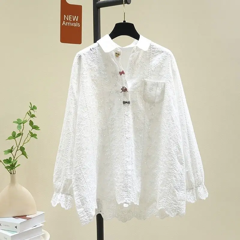 

Women's Loose Long Sleeve Shirt Spring 2025 Design Sense Hollow out Knot White Versatile Top Korean Style Commute