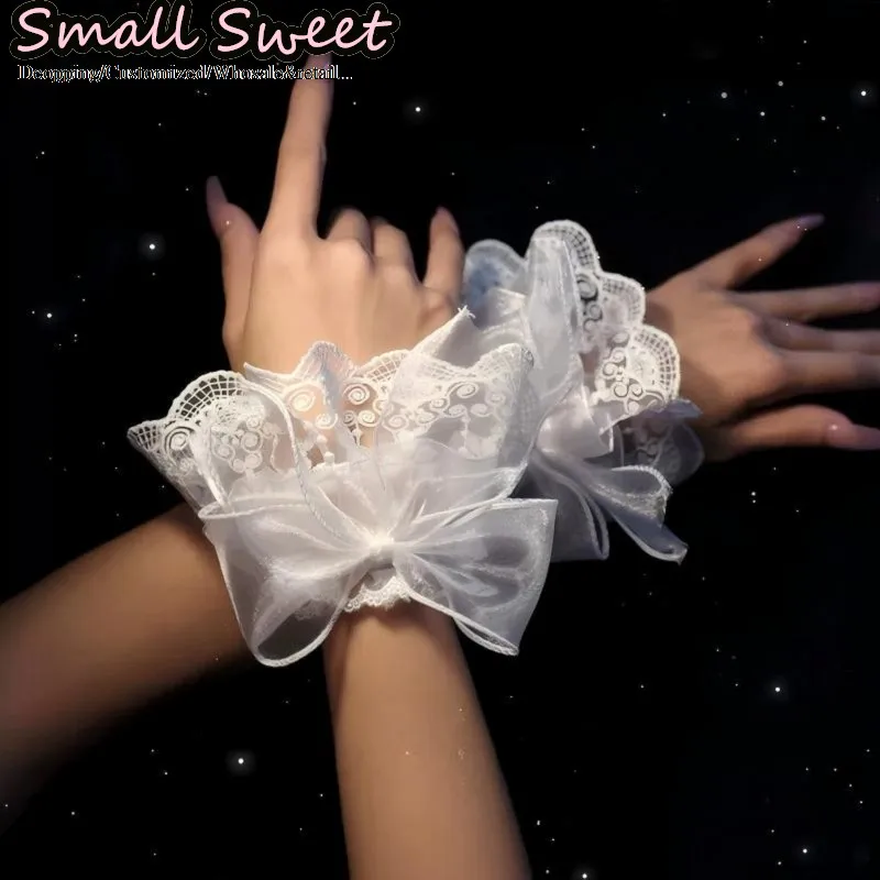 Gothic Y2K Girl Subculture Lolita Lace Ruffle Bow Wrist Cuffs Elegant Hand Sleeves Harajuku Kawaii Subculture Hand Cuffs