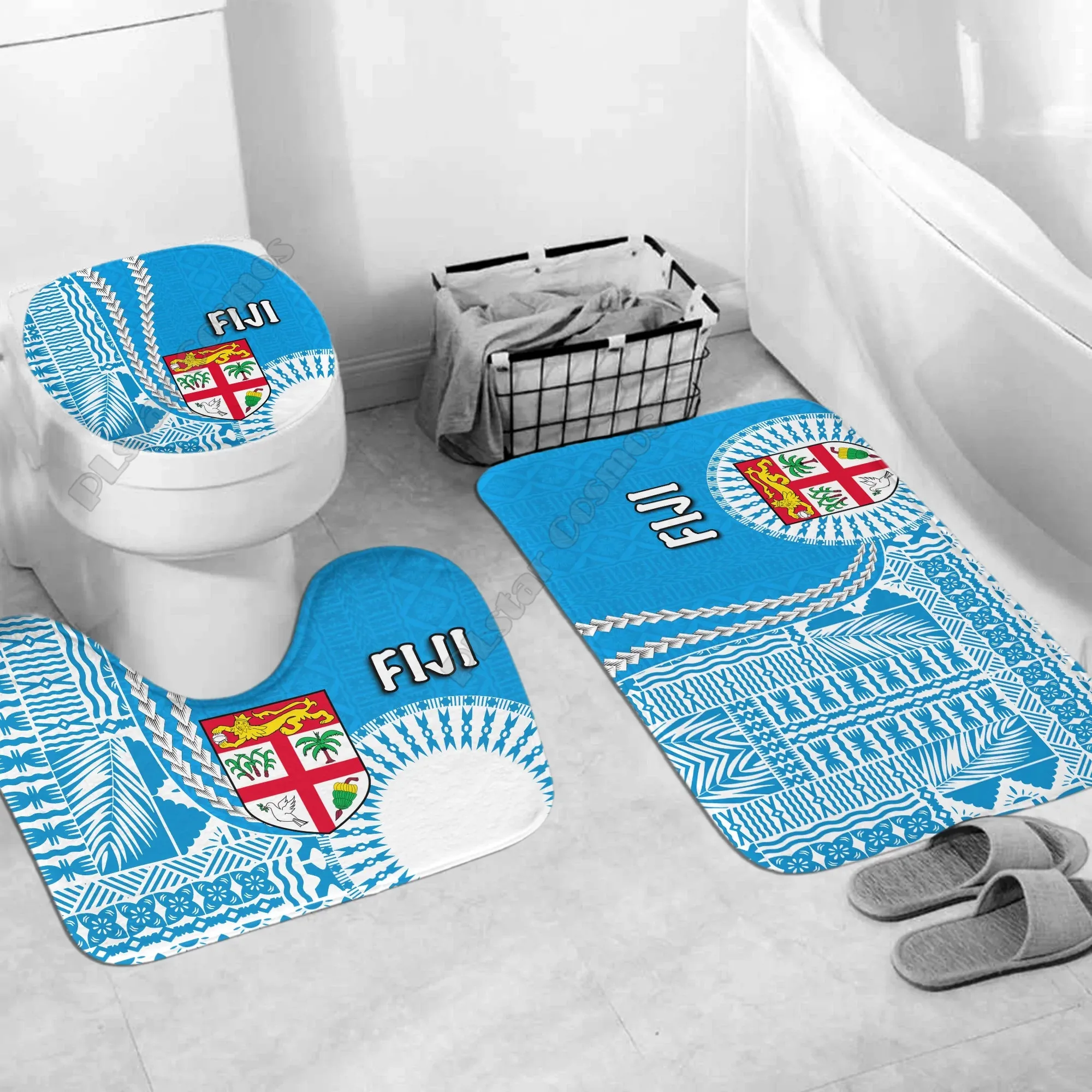 Fiji Bathroom Set Masi Tapa Patterns Three-piece set 3D printed Bathroom Pedestal Rug Lid Toilet Cover Bath Mat Set