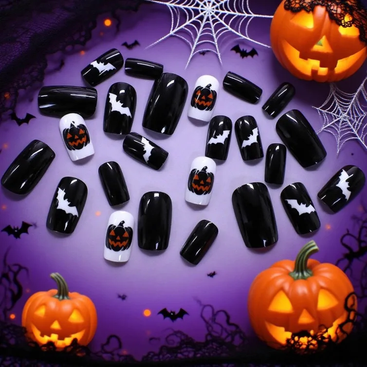24개 할로윈 가짜 손톱 단색 어두운 악마적인 호박 짧은 프레스온 네일 소녀와 친구에게 선물하기에 적합