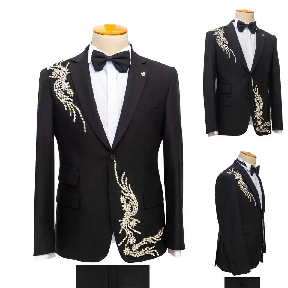 חליפות חתונה מעוצבות עם אבן חן לחתן, צווארון לא מחובר, טוקסידו עם כפתור אחד, 2 חליפות עם מכנסיים, מותאם אישית למסיבה