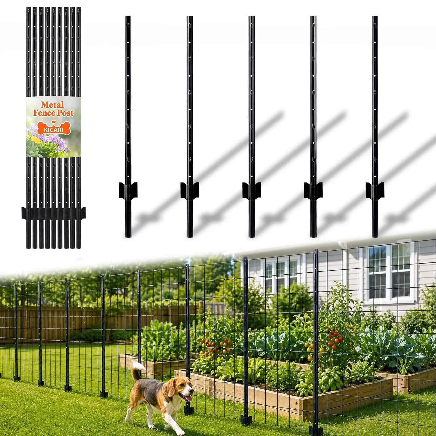 3 FT Metal Fence Posts 20 Pack, Heavy Duty U-Post Garden Stakes, No-Dig T Post for Wire Fencing, Farm, Yard & Garden, Rustproof