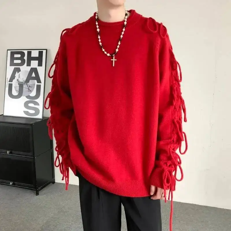 Autumn Men's Sweaters Round Neck Solid Color Lace-uo Casual Knitting Tops Korean Style Thickened Pullover Male Tops 9SLYL
