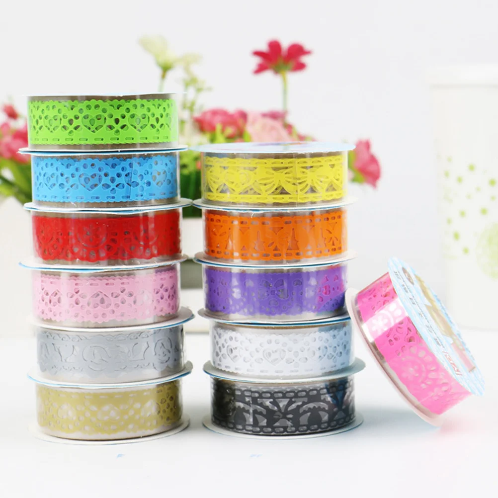12 قطعة شريط دانتيل مجوف متعدد الألوان شريط لاصق مزخرف لسكرابوكينغ هدية التفاف مخطط مذكرات ملصقات الحرفية اخفاء