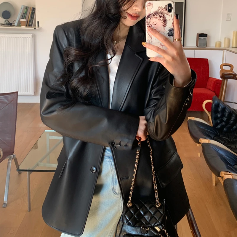 أنيقة السيدات جلد الغنم السترة معاطف 2026 ربيع الموضة التلبيب المرأة عادية فضفاض واحدة الصدر بدلة جلدية حقيقية سترة #3
