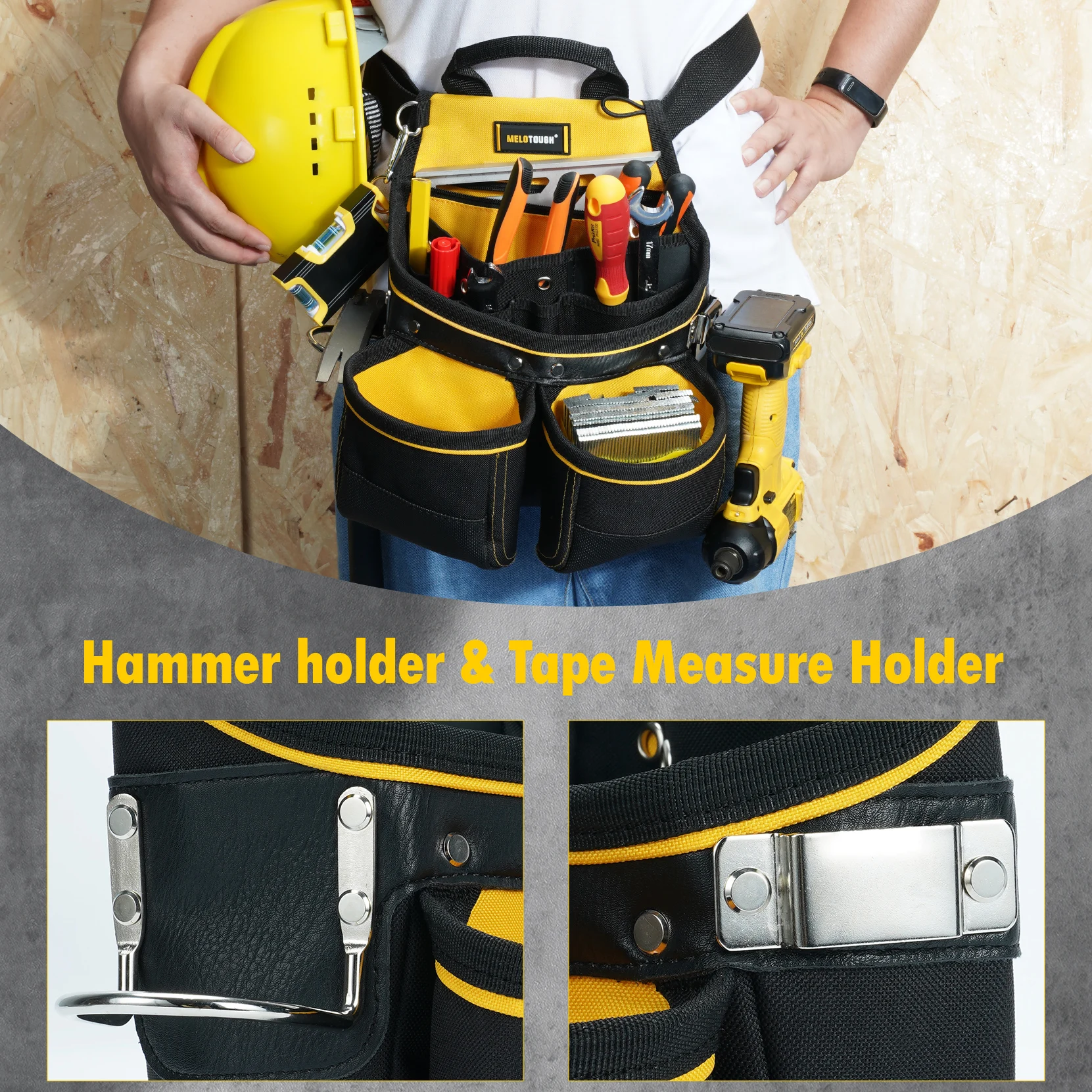 MELOTOUGH Carpenter Tool Pouch with 10 Pockets,Electrician Tool Pouch,Framer Belt Bag,Tool Pouch with Belt Clip