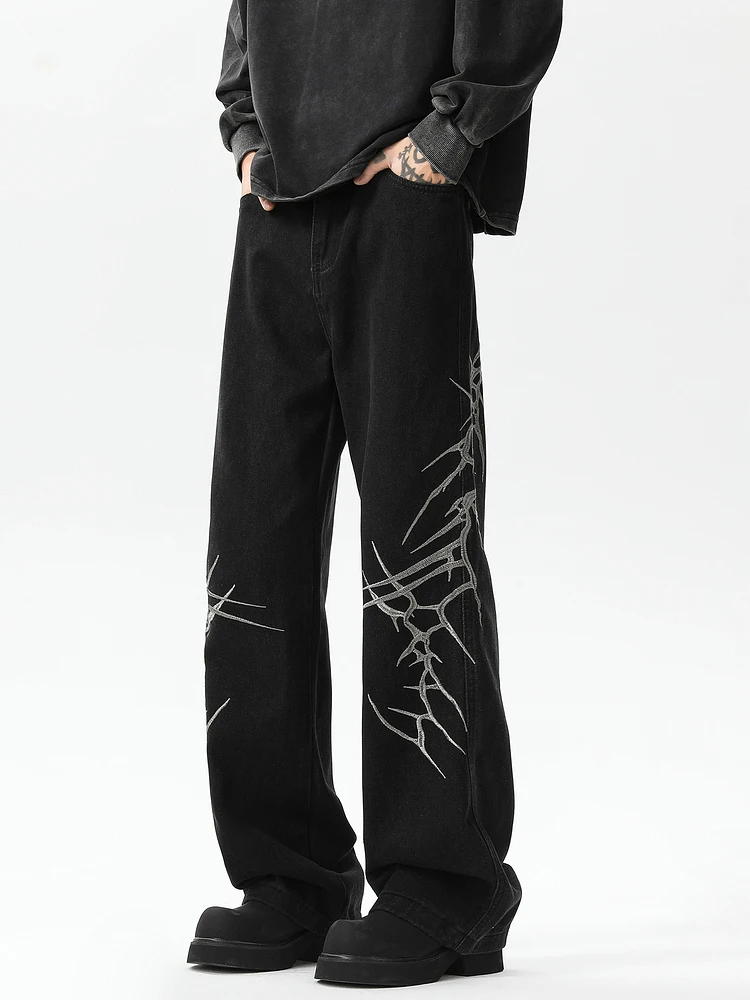

Sku Kong Has Goods American High Street Thorn Embroidery Flared Jeans Men k Series Hip Hop Street Loose Straight Leg Pants