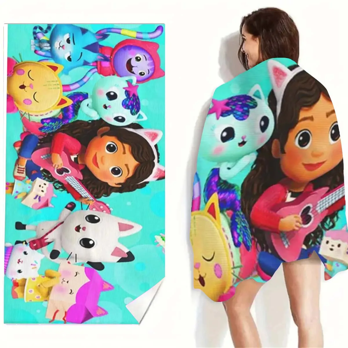 Gabby\'s Dollhouse Bath Towel 3D Printed Microfiber Soft Water Absorbing Breathable For Girl Kids Decorative Cartoon Beach Towel