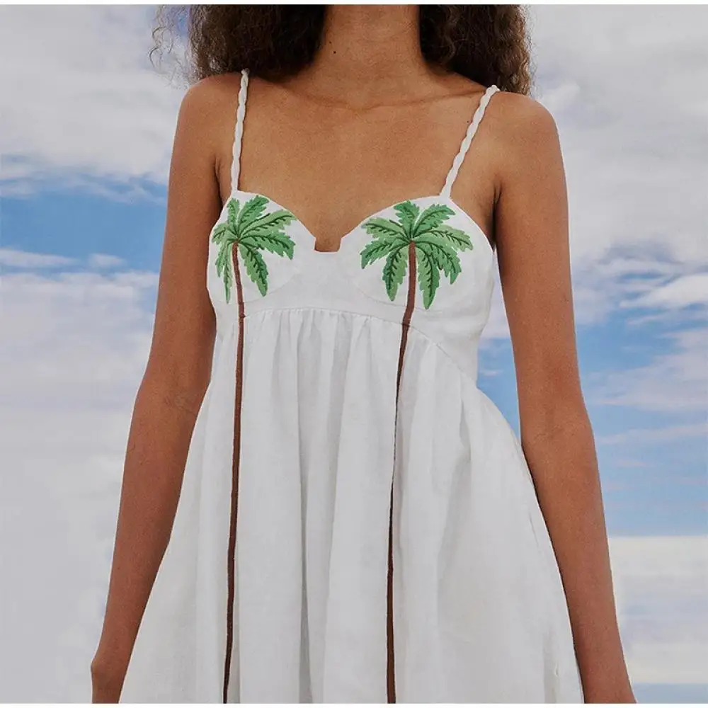 

Fresh Spaghetti Strap Long Dress Coconut Tree-Print Sleeveless Backless Maxi Dresses White Hot Summer Vestidos for Beachwear