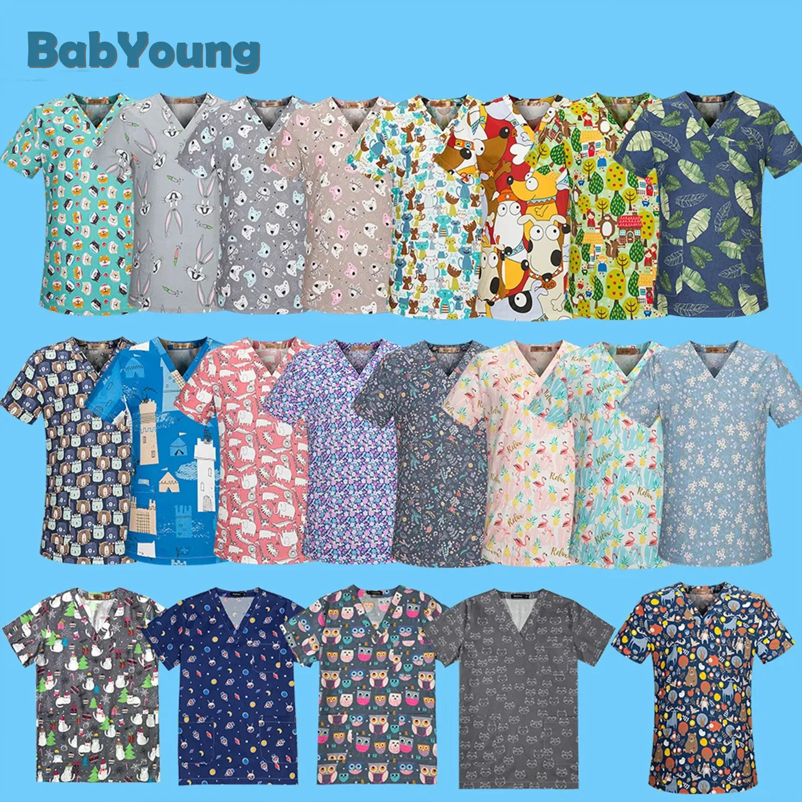 

Wholesale New High Quality Cotton Cartoon Print Nurse Uniform Laboratory Pet Shop Overalls Fashion Slim Breathable Frosted Tops