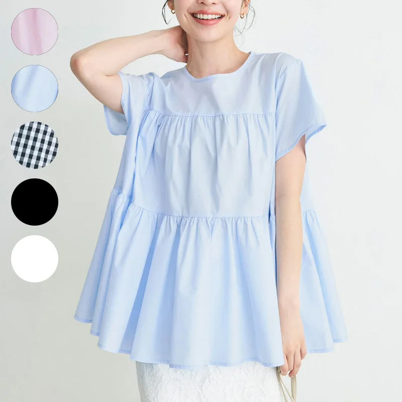 일본과 한국의 새로운 스타일 여성 여름 셔츠, 순면, 고급스러운 느낌, 루즈핏, 단색, 체크무늬, 러플 엣지