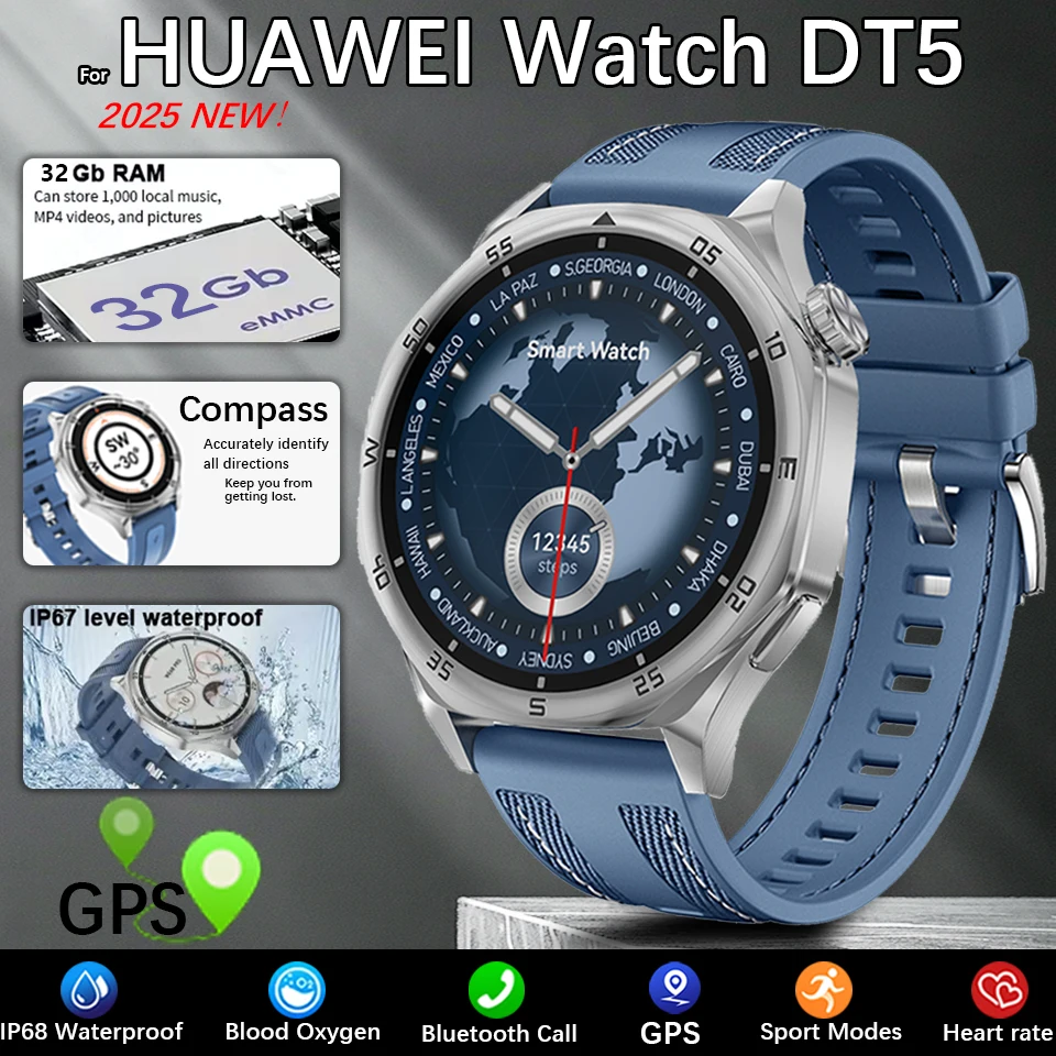 2025 NEW DT GT5 SmartWatches Player 3D AOD Mode Waterproof Smart Bracelet 4GB GPS tracker AMOLED Screen Video Music  Huawei Gift