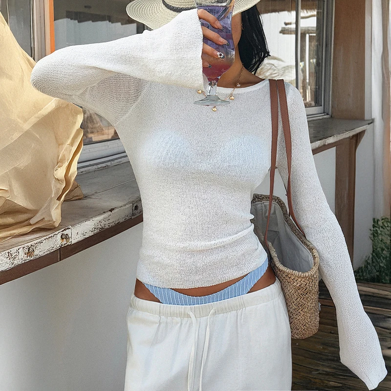 

Tornova Sheer Knitted Long Sleeve T shirt Women's 2026 Summer Fashion Y2K Slim Vacation Sweater Top Flare Sleeve Knit Pullovers