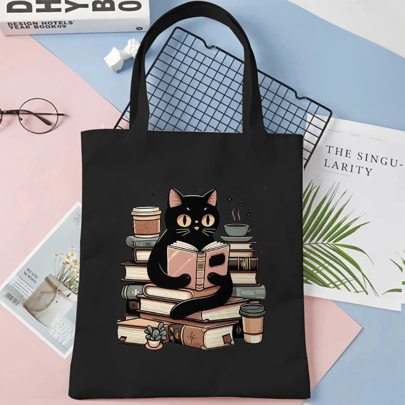 Cat and Book Lover Print Shopping Bag Tote Handbag Shopper Recycle Bag Reusable Tote Black Cat Vintage Handbag Purse for Travel