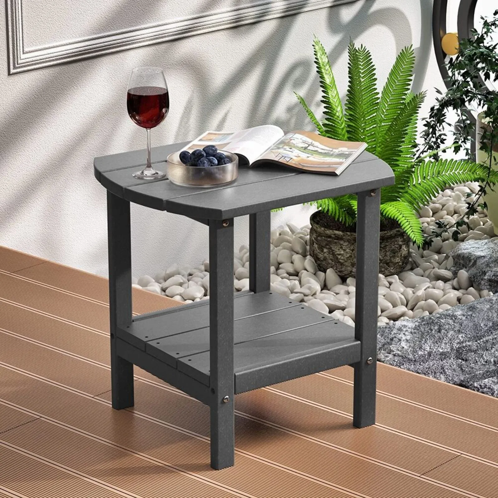 Patio Adirondack Side Table Outdoor End Table Backyard End Table 2 Tier (Gray)