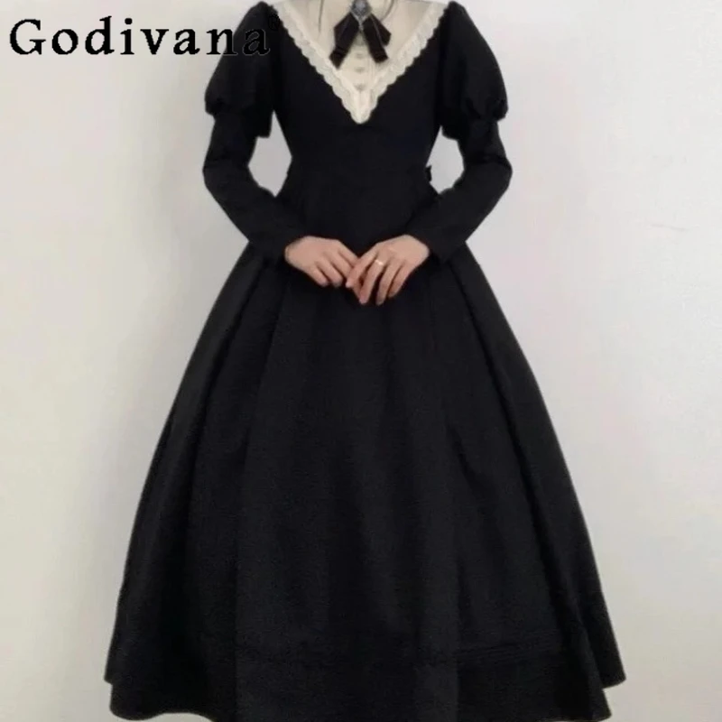 الفتيات لوليتا قرصة الخصر فستان القوطية نمط ثقافة فرعية أسود داكن فستان المرأة الربيع الصيف ألف خط القوس طوق فستان طويل