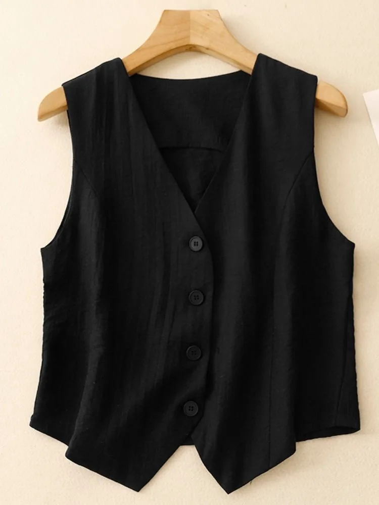 

Women's Summer Black Beige Linen Vest V-neck Button Sleeveless Cardigan Tops Elegant Short Jacket Waistcoat