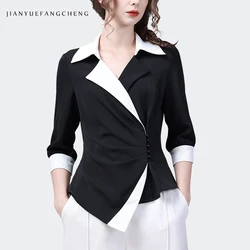 Fashion Asymmetrical Contrast Color Lapel Collar Women' Shirt Tops Elegant Slim Spring Summer Half Sleeve Office Ladies Blouses