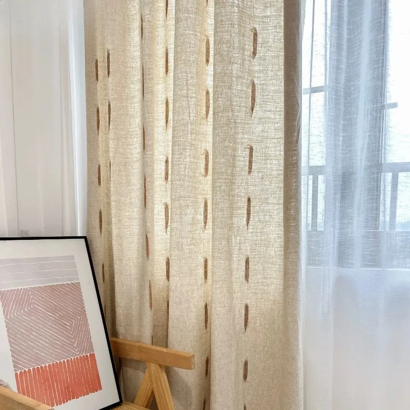 Cotton and Linen Log Vertical Grain Embroidery Thickened Window Screen Curtains for Living Room Bedroom French Window Balcony