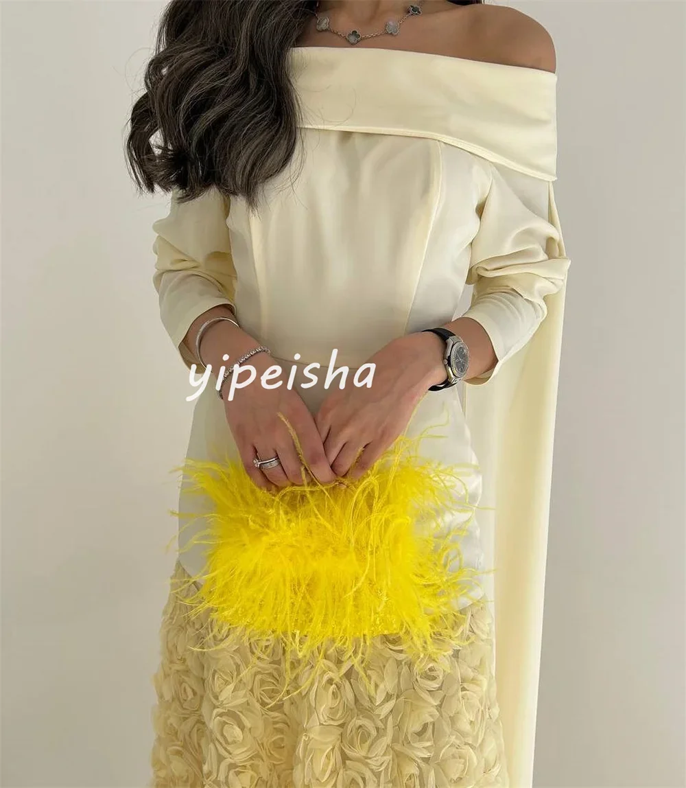 Vestidos largos personalizados con pliegues de flores, estilo moderno intrincado, rectos, con hombros descubiertos, vestidos de fiesta a juego, moda exquisita