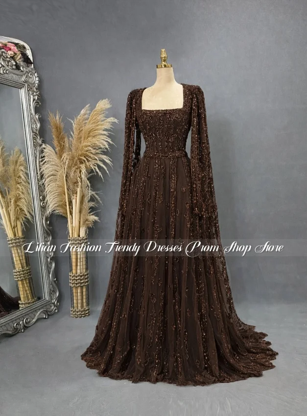 Maßgefertigtes Prächtiges Braunes Kristall-Applikationen Muslimisches Abendkleid Luxuriöses Islamisches Abendkleid Formelles Abendkleid für Besondere Anlässe Partykleid