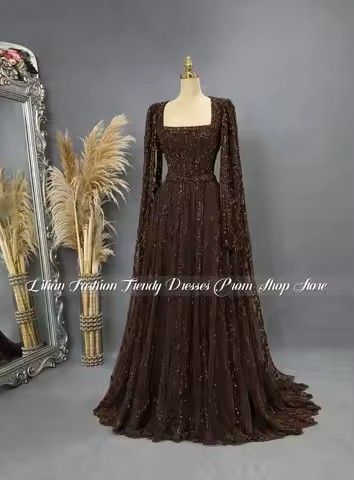 Custom Gorgeous Brown Crystal Appliqu&eacute; Muslim Evening Gown Luxury Islamic Evening Gown Formal Occasion Evening Gown Party Dress