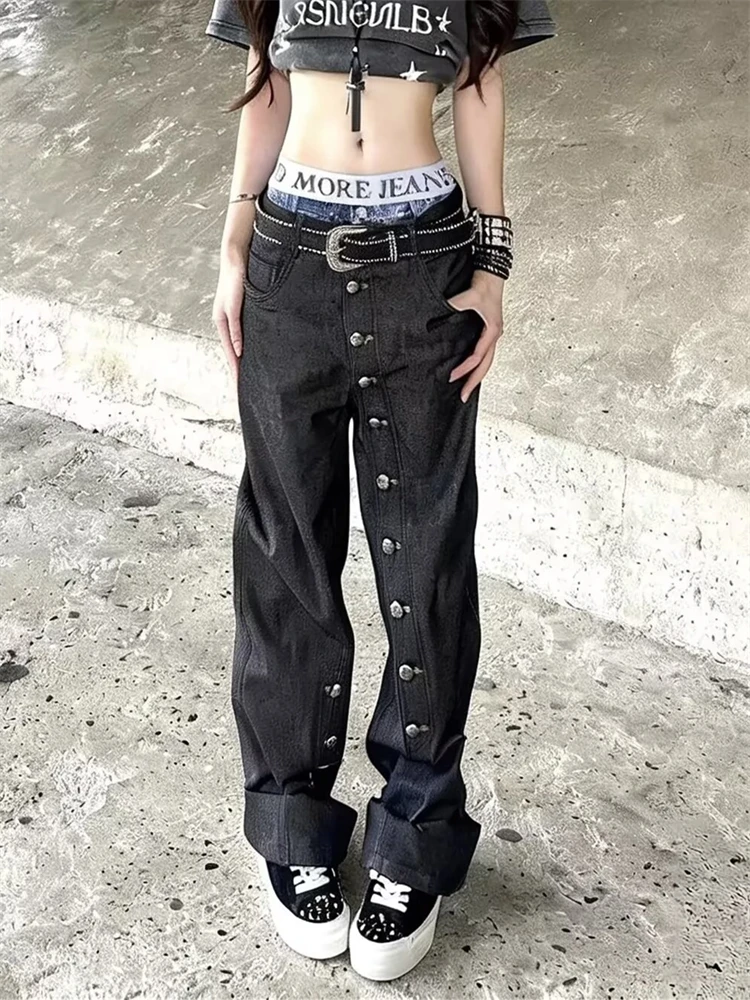 Women's Long Buckle Design Black Jeans Casual Pants Unisex High Waisted Sweatpants Retro Bottoms Women Female Wide Leg Trousers