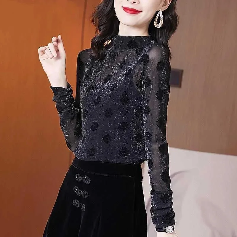 Women Spring Autumn Style Lace Blouses Shirts Lady Casual Slim Long Sleeve Stand Collar Flower printed Blusas Tops