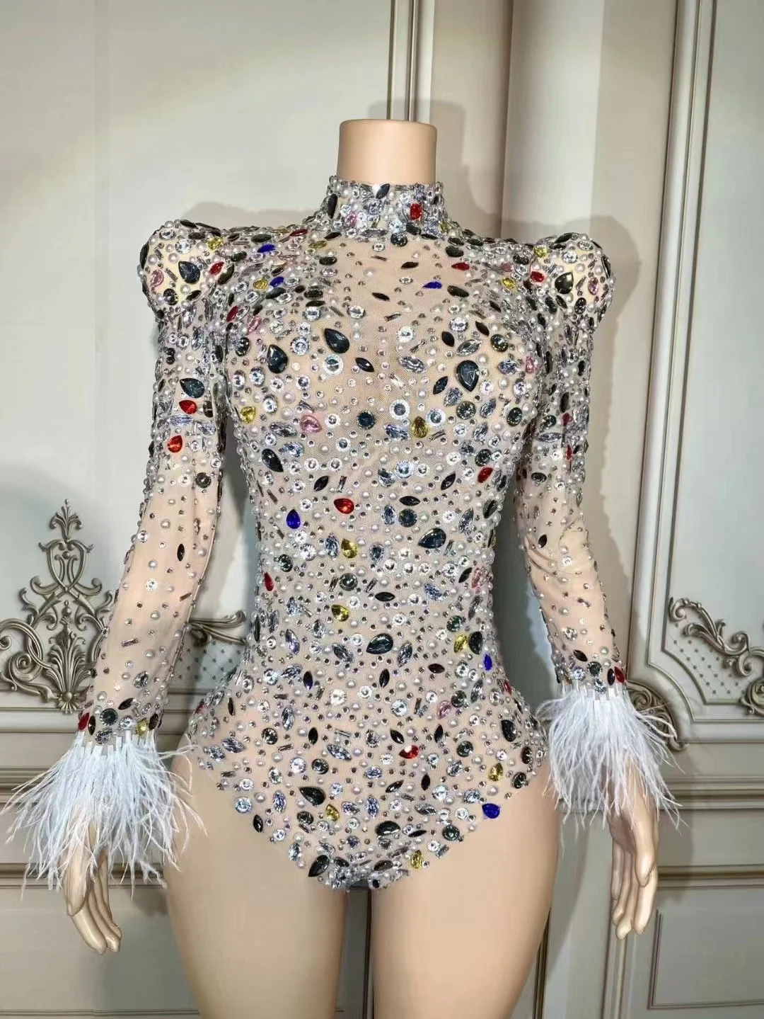 Robe longue en dentelle transparente personnalisée avec paillettes, combinaison serrée, cristal de plumes, haute élasticité, fête d'anniversaire, performance, nouveau