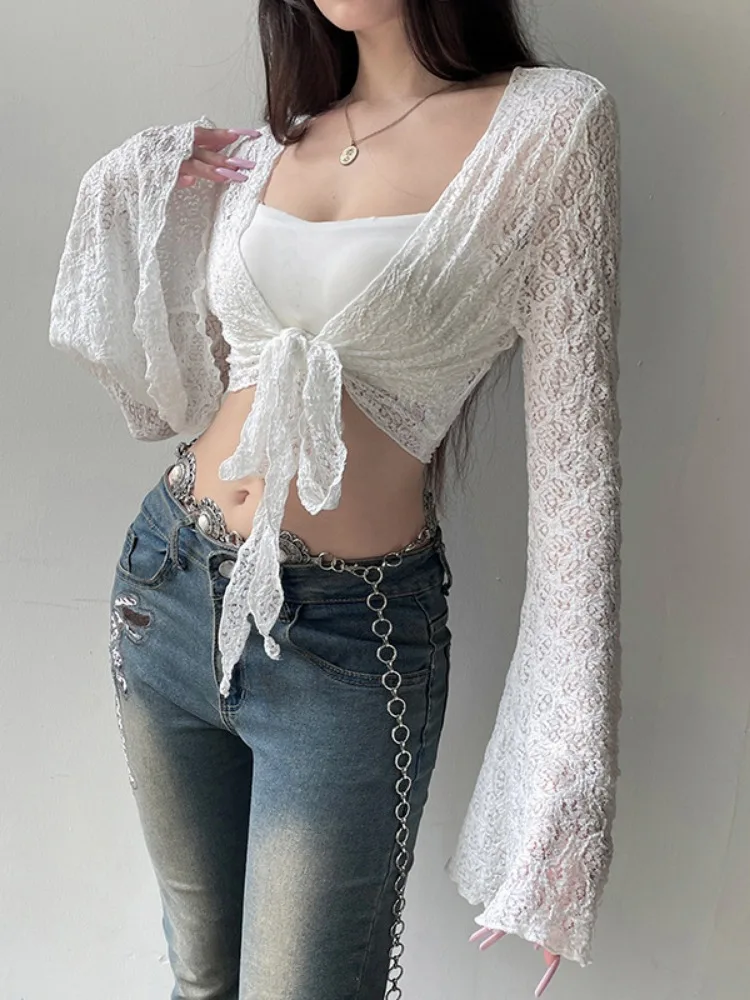 Y2k Aesthetic Harajuku White Lace Jacquard Cardigans Hollow Out Streetwear Sexy Fairy Tops Slim Vintage Cropped Grunge Knitwear