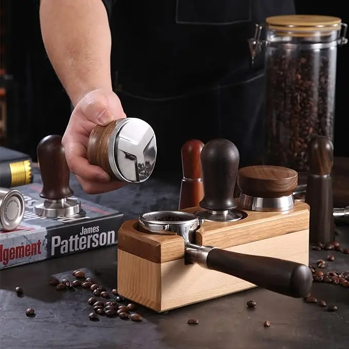 hot salt53mm Coffee Distributor Espresso Distribution Tool Adjustable Depth Espresso Tamper Leveler with Walnut Wood Handle Fits