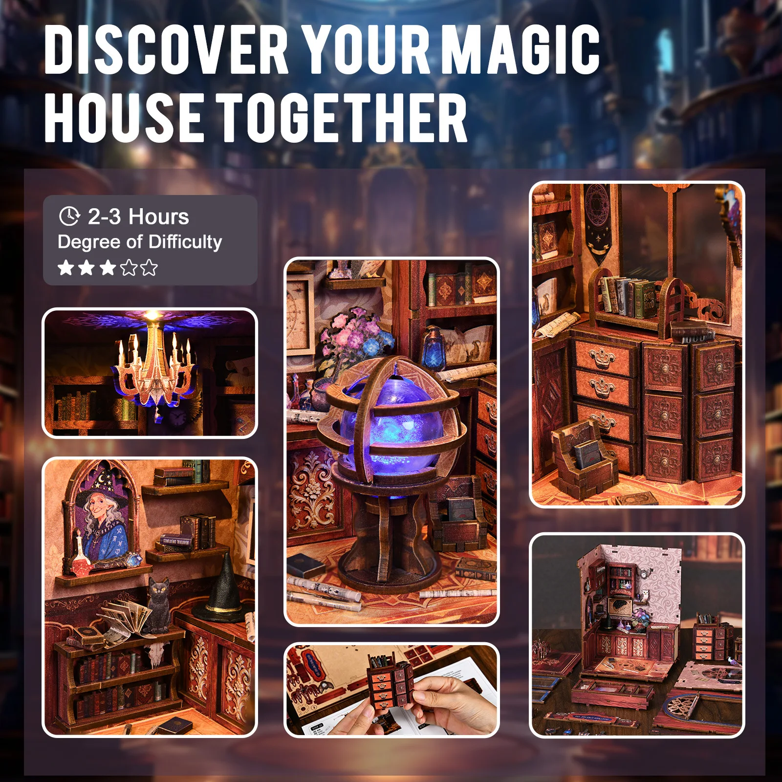 DIY Wooden Magic Bookstore Book Nook Kit, LED Light Up Wizard Shop 3D Puzzle, Arcanum Bookstore Micro Landscape Building Model