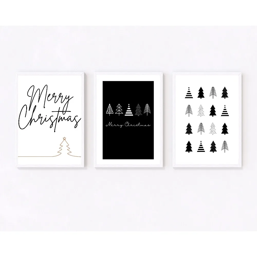 (NoFrame 3PCS)-2D Flat, 3pcs(Canvas Poster Unframes), Set of 3 Unframed 2D Flat, Set of 3 Prints, Monochrome Christmas, High