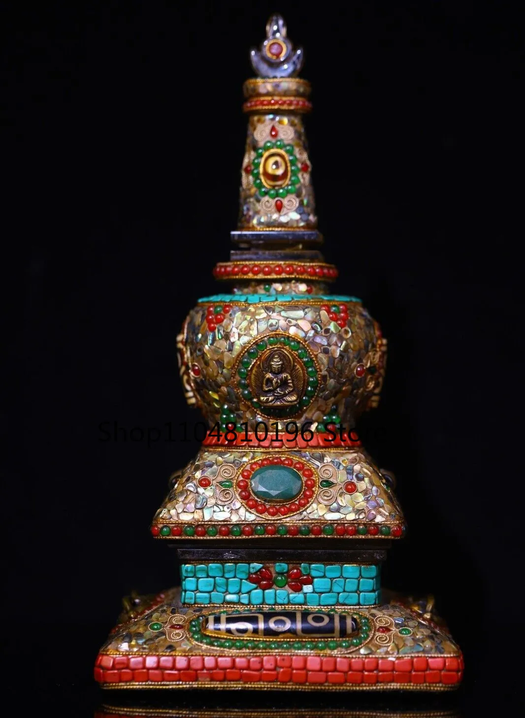 Old Tibet Meteorite iron Painting Gem Shakyamuni Buddha Stupa Pagoda Tower