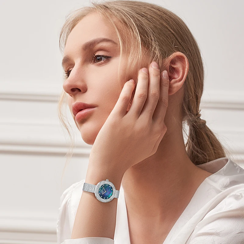 Luxury Round Diamond Quartz Blue Woman Watches Mesh Strap Female Mesh Strap