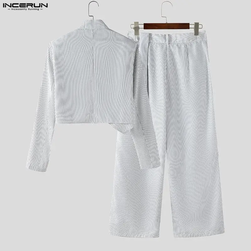 INCERUN, conjuntos para hombre, chaqueta corta elegante a rayas de manga larga y pantalones, conjuntos de dos piezas, ropa de calle holgada, trajes informales de moda para hombre 2025