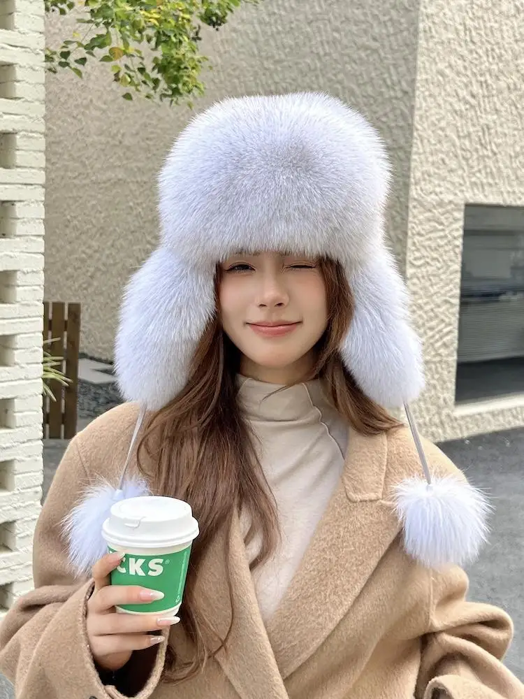 

2024 100% Real Fox Fur Hats Women's Russian Ushanka Aviator Trapper Snow Skiing Hat Caps Earflap Winter Raccoon Fur Bomber Hat