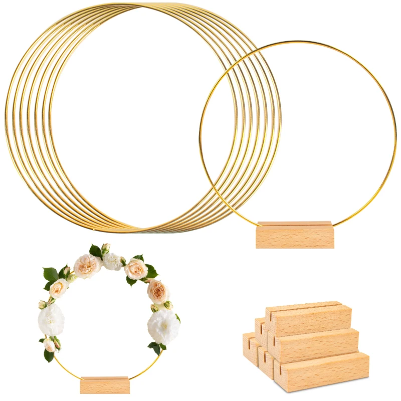 Gold Metal Floral Hoop Garland with Wooden Base Wedding Party Table Centerpiece Decoration Hoop Holder Home Door Wreath Ornament