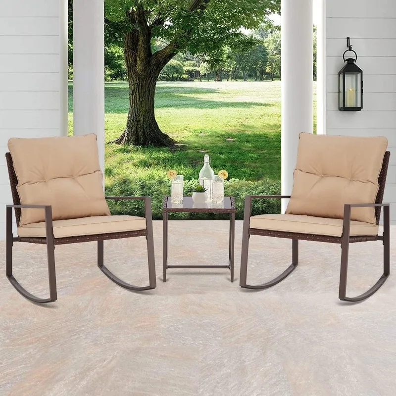 SUNCROWN 3-Piece Patio Bistro Set Outdoor Rocking Chairs Set Brown Wicker Porch Chairs with Glass Coffee Table